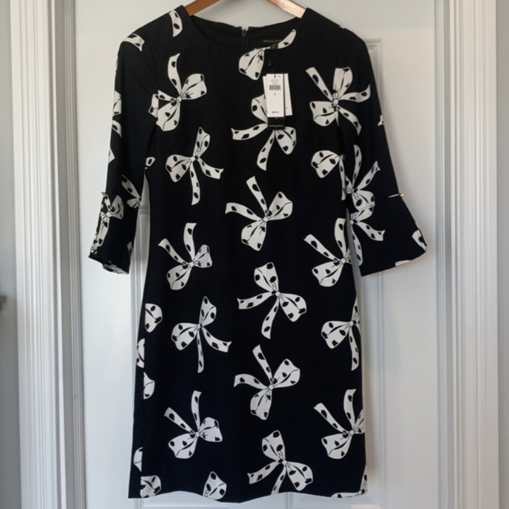 Banana Republic 🎀 Black Midi Dress White Bow Pattern Sz 8